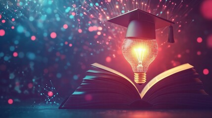 Graduation cap on a digital background. Abstract depiction of an open book with a glowing light bulb. Symbolizing knowledge and education. Online learning or technological innovation. Tech and science