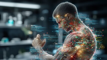 Fototapeta premium Exploring the Intersection of Technology and Healthcare: A Man Standing Before a Computer Imagining the Future of Science and Medicine in X-Ray Style
