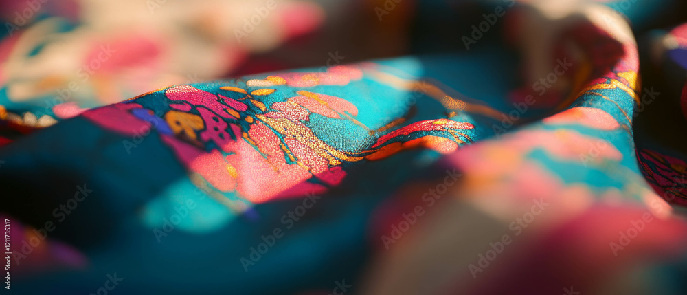 Poster printed silk fabric with vibrant colors and intricate patterns showcases rich texture and design
