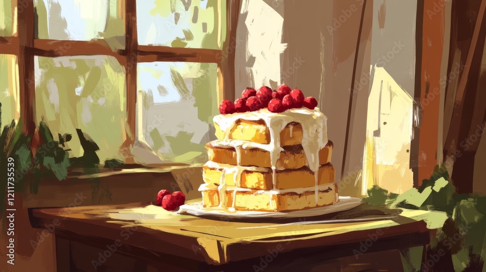 Poster Stack of buttery French toast drizzled with syrup and topped with fresh berries, creating a delicious, inviting breakfast scene
