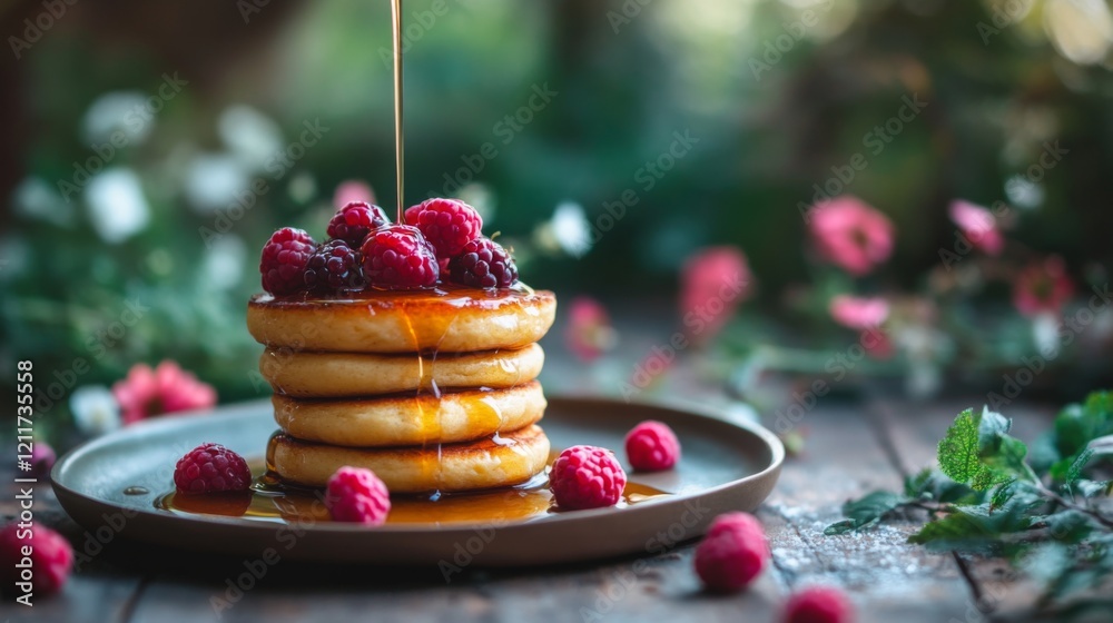 Poster stack of buttery french toast drizzled with syrup and topped with fresh berries, creating a deliciou