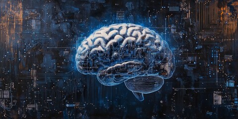 Glowing human brain over a circuit board background.