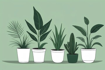 three potted plants are lined up in a row on a green background