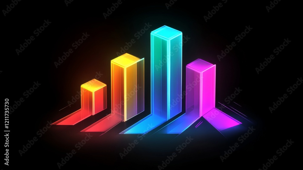 Poster stylized bar graph with glowing bars in neon colors, set against a dark, tech-inspired background fo