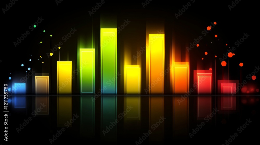 Poster stylized bar graph with glowing bars in neon colors, set against a dark, tech-inspired background fo