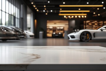 Showroom display of luxury cars with marble table modern gallery interior view elegance