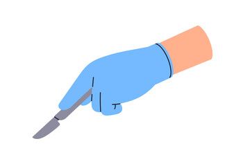 Scalpel in hand. Surgeon holding sharp sterile blade for precise surgical operation. Doctor with medical tool, operating knife for surgery. Flat vector illustration isolated on white background