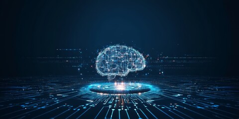 Digital brain hologram on futuristic circuit board.