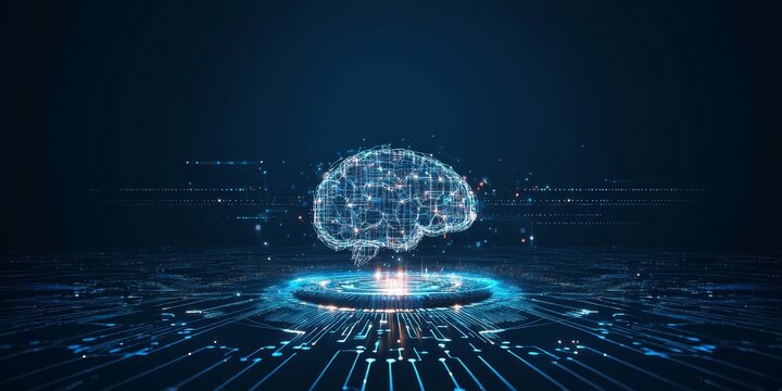 Digital brain hologram on futuristic circuit board. - Powered by Adobe