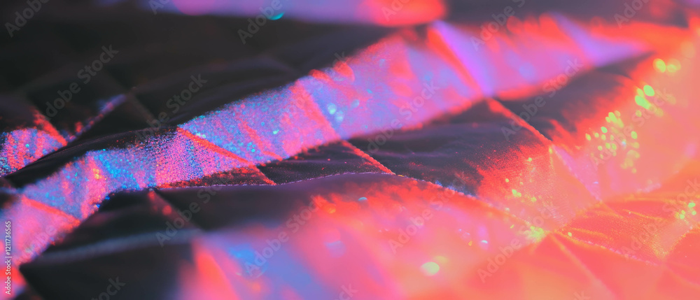 Poster exploration of quilted fabric texture with geometric patterns and vibrant glitter effects