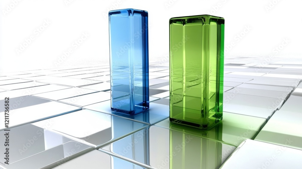 Poster transparent blue and green d bars standing on a white grid, casting reflections on a glassy surface 