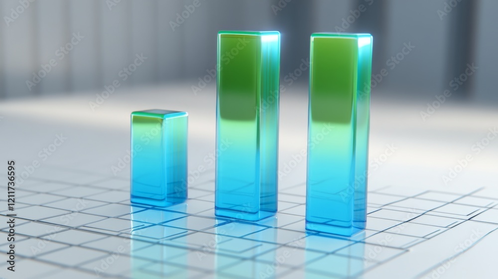 Poster transparent blue and green d bars standing on a white grid, casting reflections on a glassy surface 