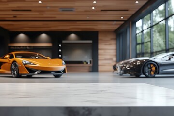 Obraz premium Luxury marble table in modern supercar showroom