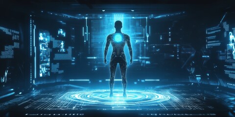 Futuristic digital human body scan in a virtual environment.