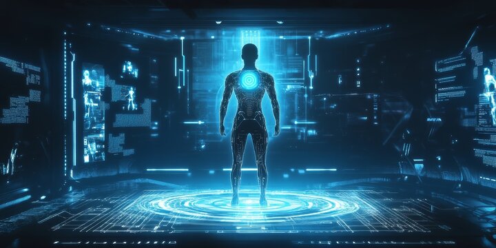 Futuristic digital human body scan in a virtual environment.