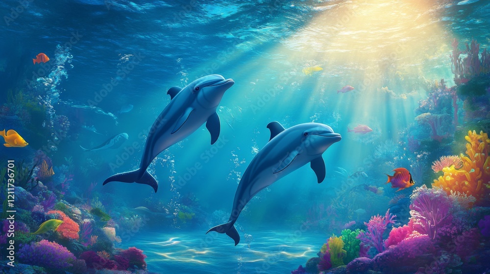 Poster underwater view of dolphins gliding through sunlit water, creating a calm and magical scene in their
