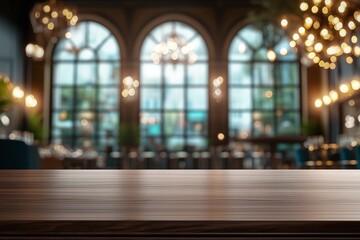 Fototapeta premium Elegant restaurant interior with empty table modern ambiance blurred view