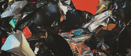 Varied textures of recycled aluminum with neon highlights on a scattered surface