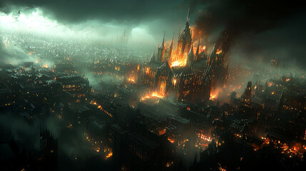 Fototapeta premium Burning Gothic City at Night: A Dark Fantasy Masterpiece