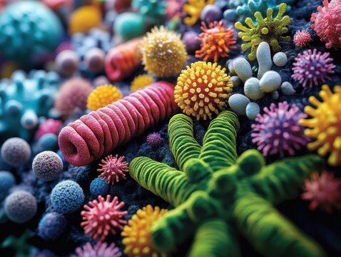 Bacterias, viruses icon, fungi and germs, various abstract microorganisms, human microbiota