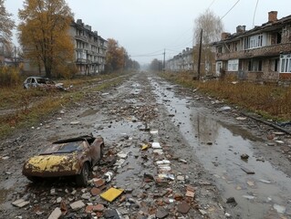 The aftermath of the disaster, an abandoned city, urban aftermath: devastated street