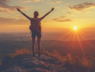 Fototapeta premium Hiker celebrates sunset on mountain peak, embracing nature's beauty and freedom