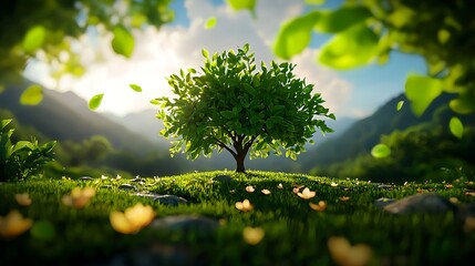 Fototapeta premium Lush Green Tree in Vibrant Landscape Surrounded by Sunlight and Nature