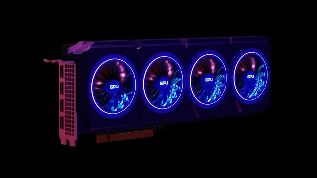 3D model of a huge video card with four working coolers with neon lighting on a black background. 3D render looped animation