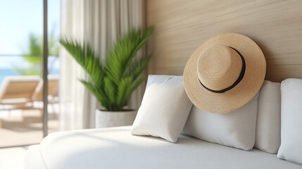 Beachfront hotel room; straw hat on couch; ocean view; relaxation