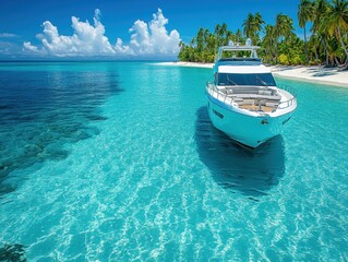 Obraz premium Yacht ocean palm tree island sea travel adventure boat beach clear sky vacation