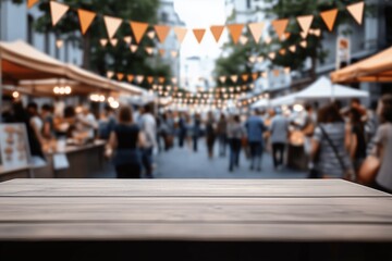 Obraz premium empty wooden table with burred vibrant market scene city street photography outdoor eye-level community gathering