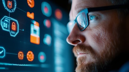 Compliance officer reviewing cybersecurity reports on digital dashboard with regulatory icons