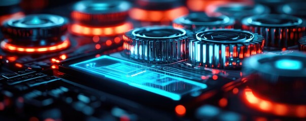 Online courses idea. Close-up of futuristic tech design with illuminated buttons and digital display.