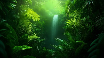 Lush Green Jungle with Waterfall Surrounded by Vibrant Foliage