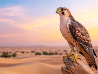 Majestic Arabian Falconer in Traditional Attire Holds a Beautiful Falcon Against a Stunning Desert Sunset, Showcasing Rich Cultural Heritage and Nature's Beauty