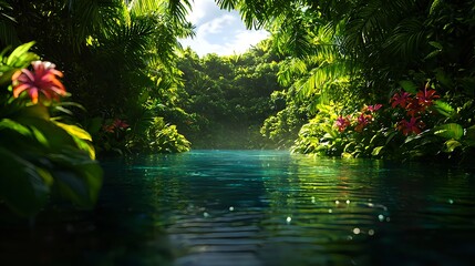 Fototapeta premium Serene Jungle River Surrounded by Lush Greenery and Vibrant Flowers