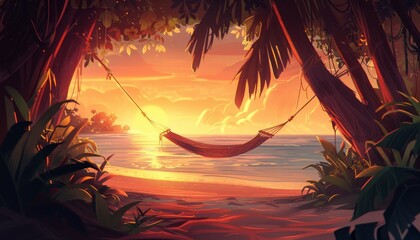 A hammock hangs between two palm trees on a tropical beach at sunset.