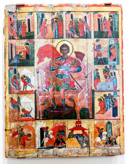 Obraz premium Antique Russian orthodox icons. St Dimitrius with the Scenes from his Life, 16th century