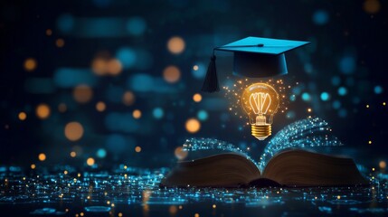 Graduation cap on a digital background. Abstract depiction of an open book with a glowing light bulb. Symbolizing knowledge and education. Online learning or technological innovation. Tech and science