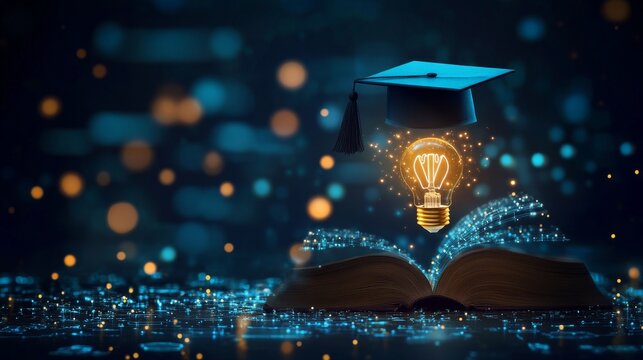Graduation cap on a digital background. Abstract depiction of an open book with a glowing light bulb. Symbolizing knowledge and education. Online learning or technological innovation. Tech and science