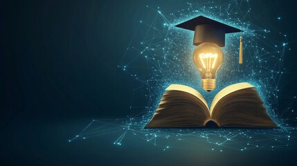 Graduation cap on a digital background. Abstract depiction of an open book with a glowing light bulb. Symbolizing knowledge and education. Online learning or technological innovation. Tech and science