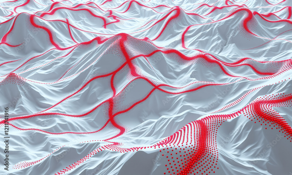 Poster abstract landscape with white waves and red dotted patterns creating dynamic visual effect. design e