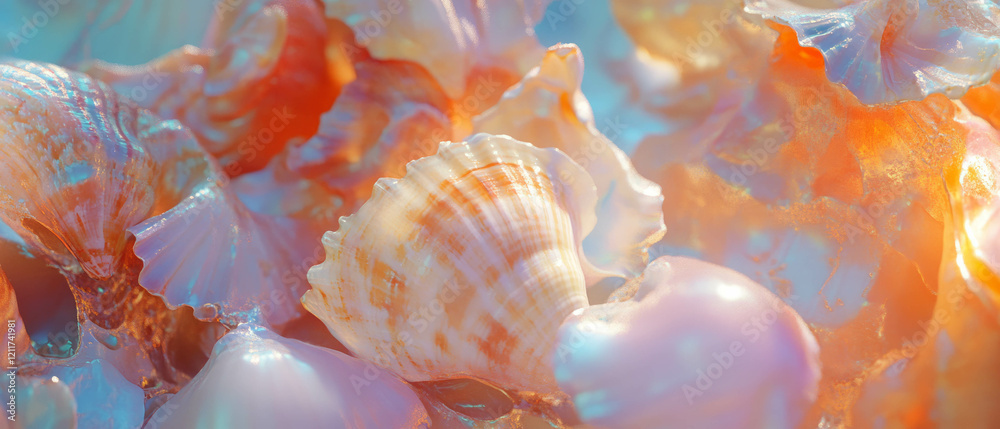 Poster explore the delicate textures and pearly interiors of seashells in vibrant colors