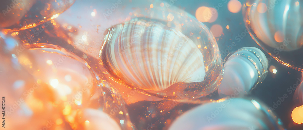 Poster seashell textures with smooth surfaces and golden glitter in a dreamlike underwater setting