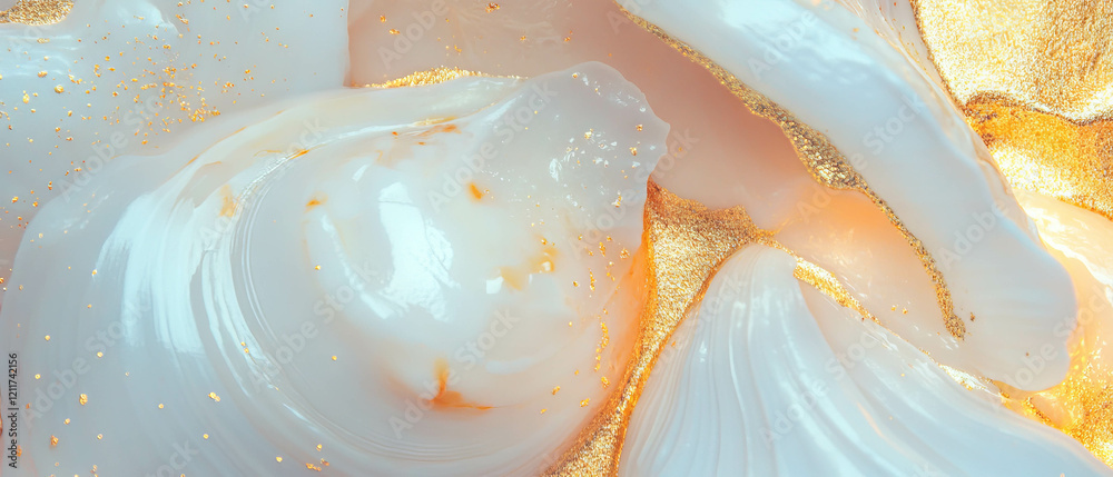 Poster exploration of smooth seashell textures adorned with shimmering gold glitters