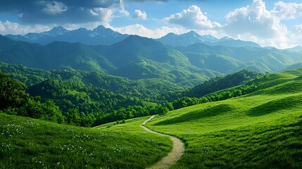 Fototapeta premium Scenic Landscape of Lush Green Hills and Majestic Mountain Range