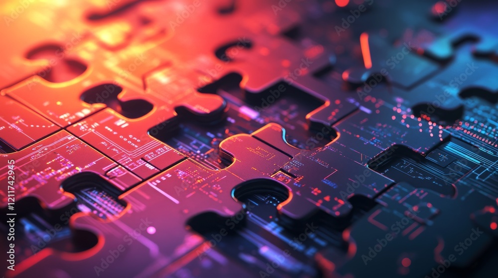 Poster digital technology background with digital puzzle pieces. puzzle pieces and digital circuit board. f