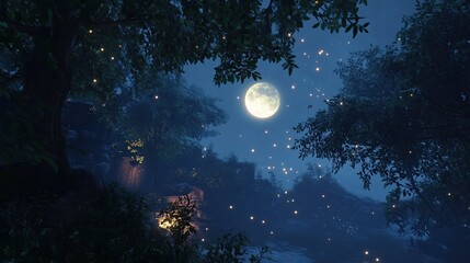 Naklejka premium Magical moonlit forest scene with fireflies and lanterns.