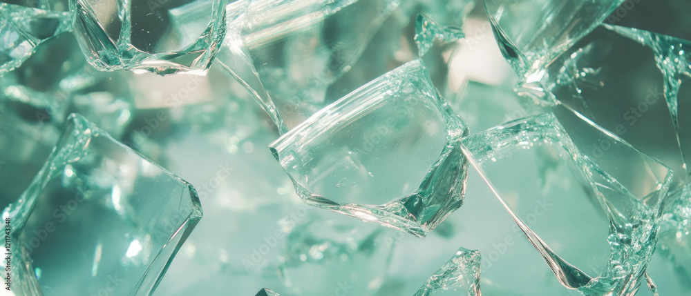 Poster texture of shattered glass displaying jagged pieces and reflective surfaces in complex arrangement