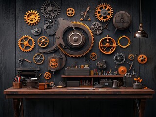 Fototapeta premium Intricate Steampunk Workshop Filled with Glowing Machinery and Gears, Showcasing a Beautiful Collection of Clockwork Parts Against a Dark Background